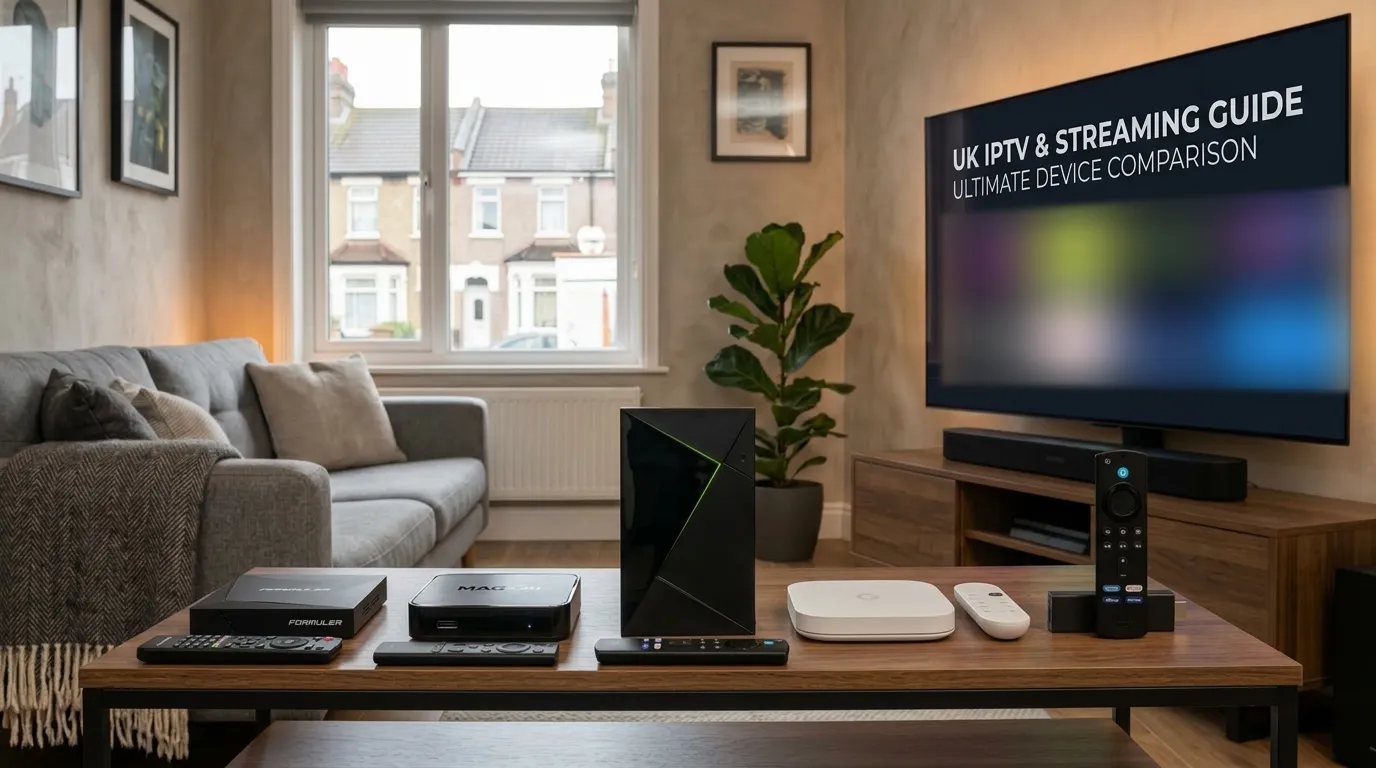 Five IPTV boxes lined up on a coffee table in front of a TV