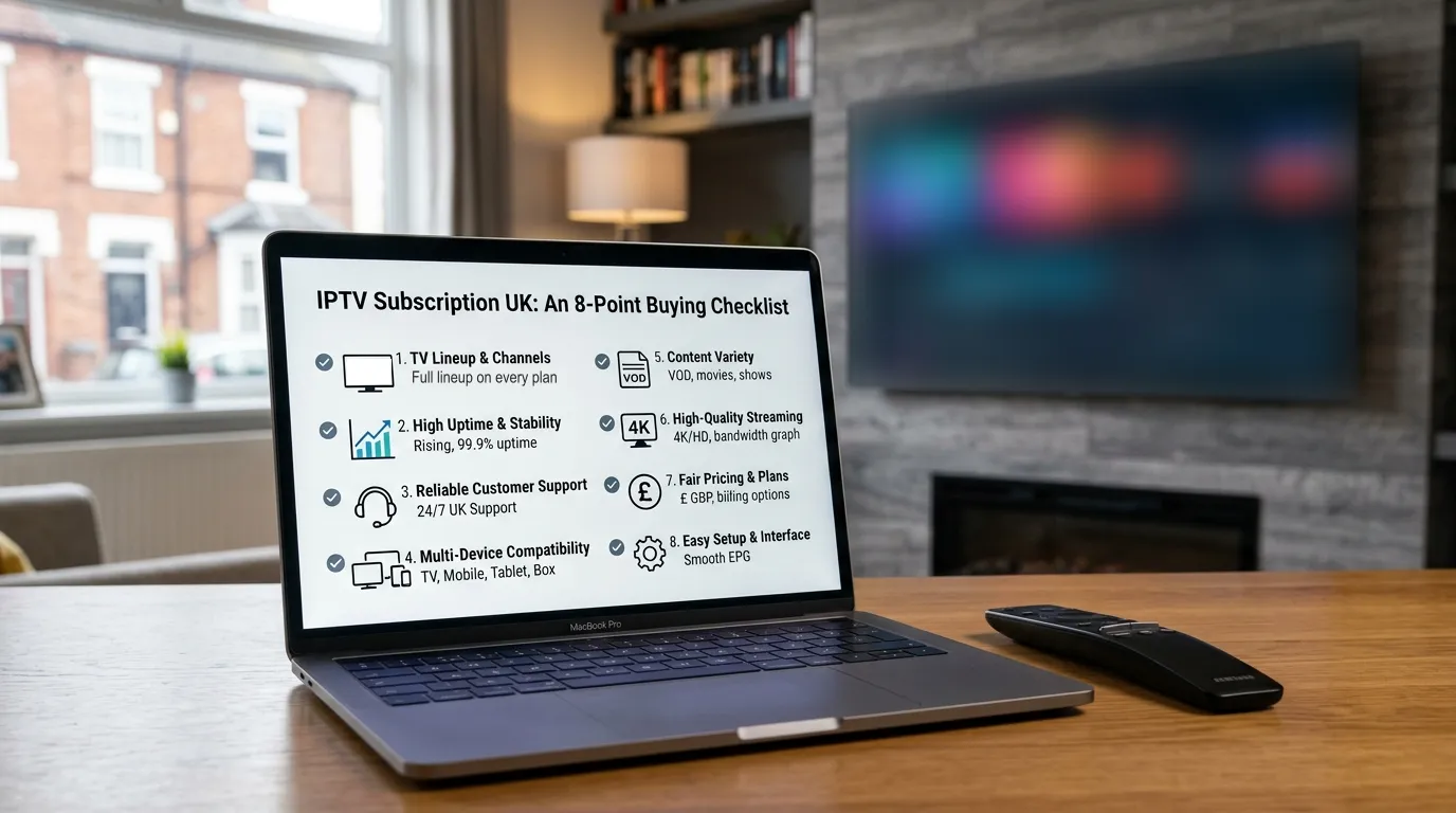 Laptop showing an 8-point IPTV buying checklist
