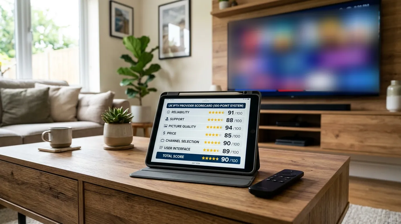Tablet showing a 100-point IPTV provider scorecard